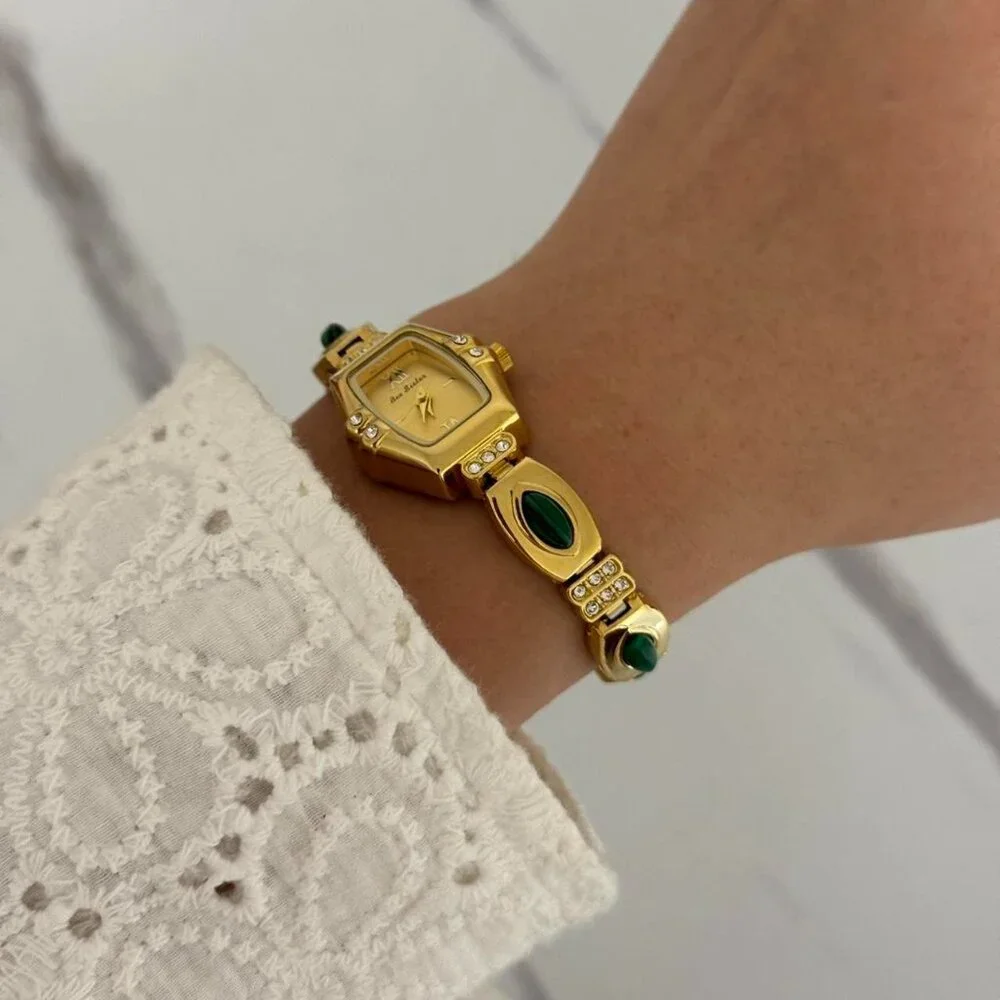 SKU0071Casual Gold Green Gemstones Women Fashion Watch‎ stainless steel+gift bag